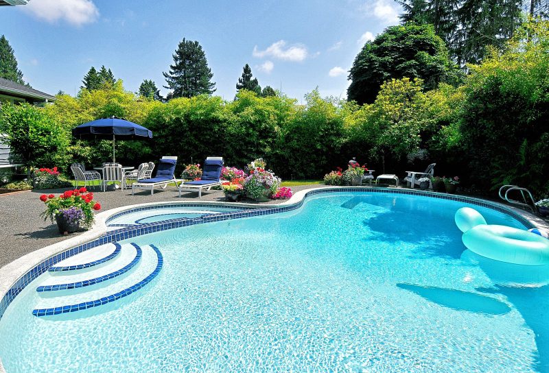 kidney-shaped pool with pebble aggregate concrete pool coping and blue tile edging for steps and plunge area panel and planters with colorful blooms with tall privacy trees