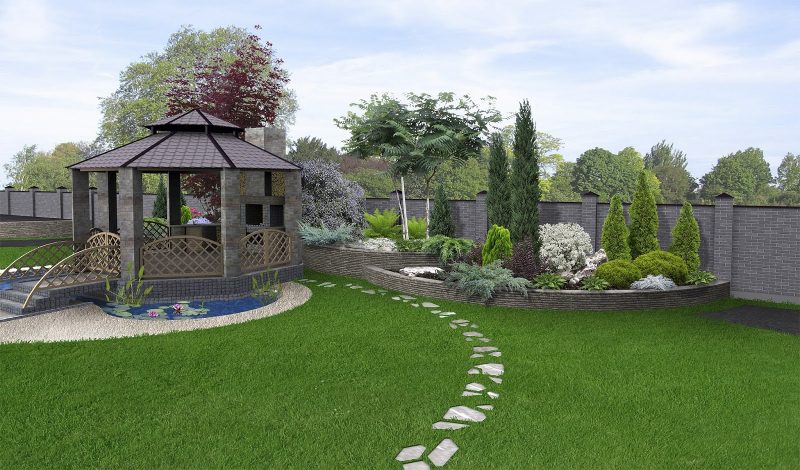 pond and asian inspired bluestone gazebo with raised half circle parterres with stacked slate edges and cut marble step stones and property fence with black fence and newel tops