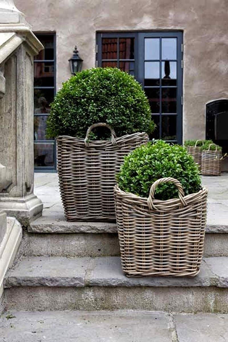 rattan square basket planters and topiaries with 10-lite swing doors and aluminum muntins on doors and large stone step tiles with chiseled edges and weathered concrete banister