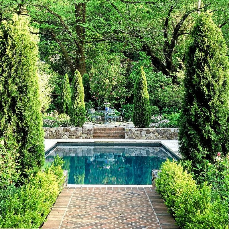 garden patio with square swimming pool and cast iron outdoor dining set with scrollwork frame and lattice details with stone veneer retaining walls on elevated patio and natural stone swimming pool deck with emerald green arborvitae around pool and patio area